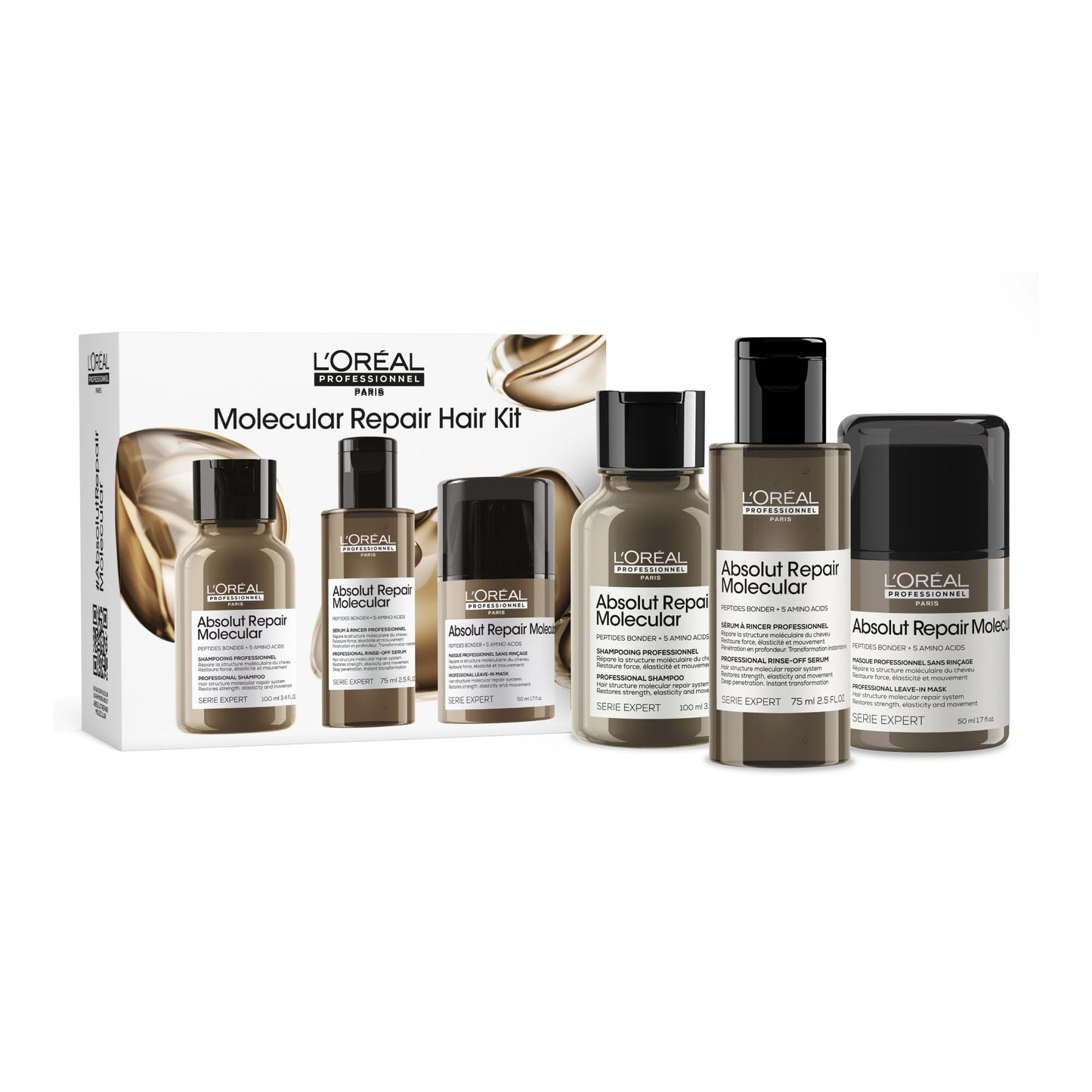 L’Oréal Professionnel Serie Expert Absolute Repair Molecule Mini Duo Kit : Repair Shampoo 100ml + Deep Penetration Rinse-off Serum 75ml + Proefessional Leave-in Mask | 50ml
