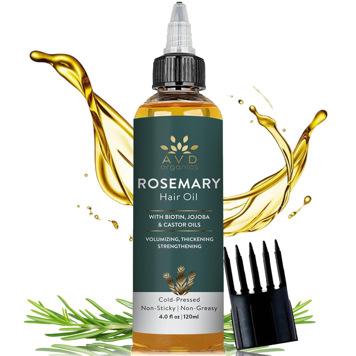 AVD Organics Rosemary Oil for Hair Growth (4fl oz) Infused With Biotin, Jojoba & Castor Oil | Hair strengthening Treatment | Nourishing & Volumizing | Non GMO Verified 120ml