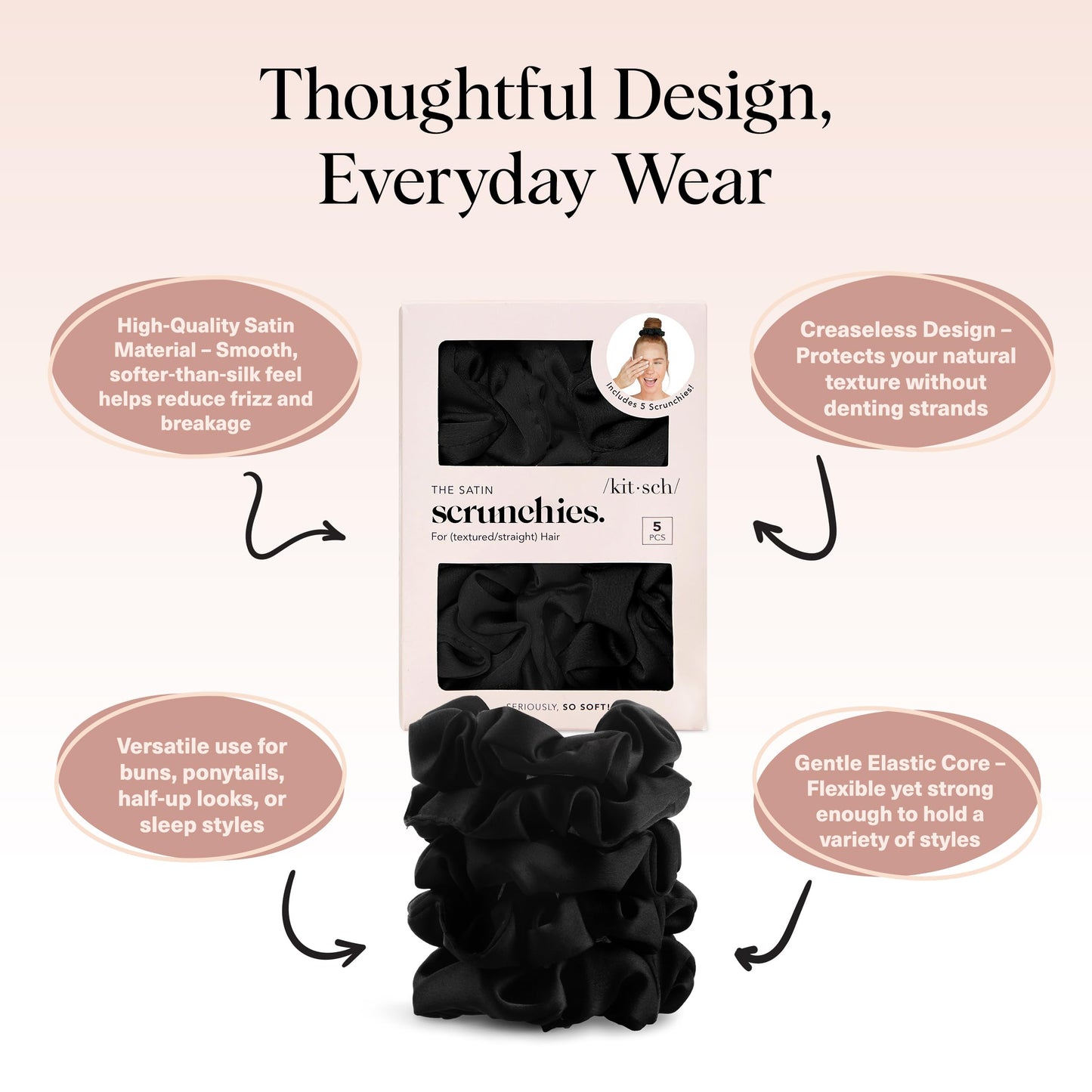 Kitsch Satin Hair Scrunchies for Women, Softer Than Silk Scrunchies for Hair, Satin Scrunchies for Girls, Satin Hair Ties for Women, Silk Hair Ties No Damage, Silk Ponytail Holders, 5 pcs (Black)