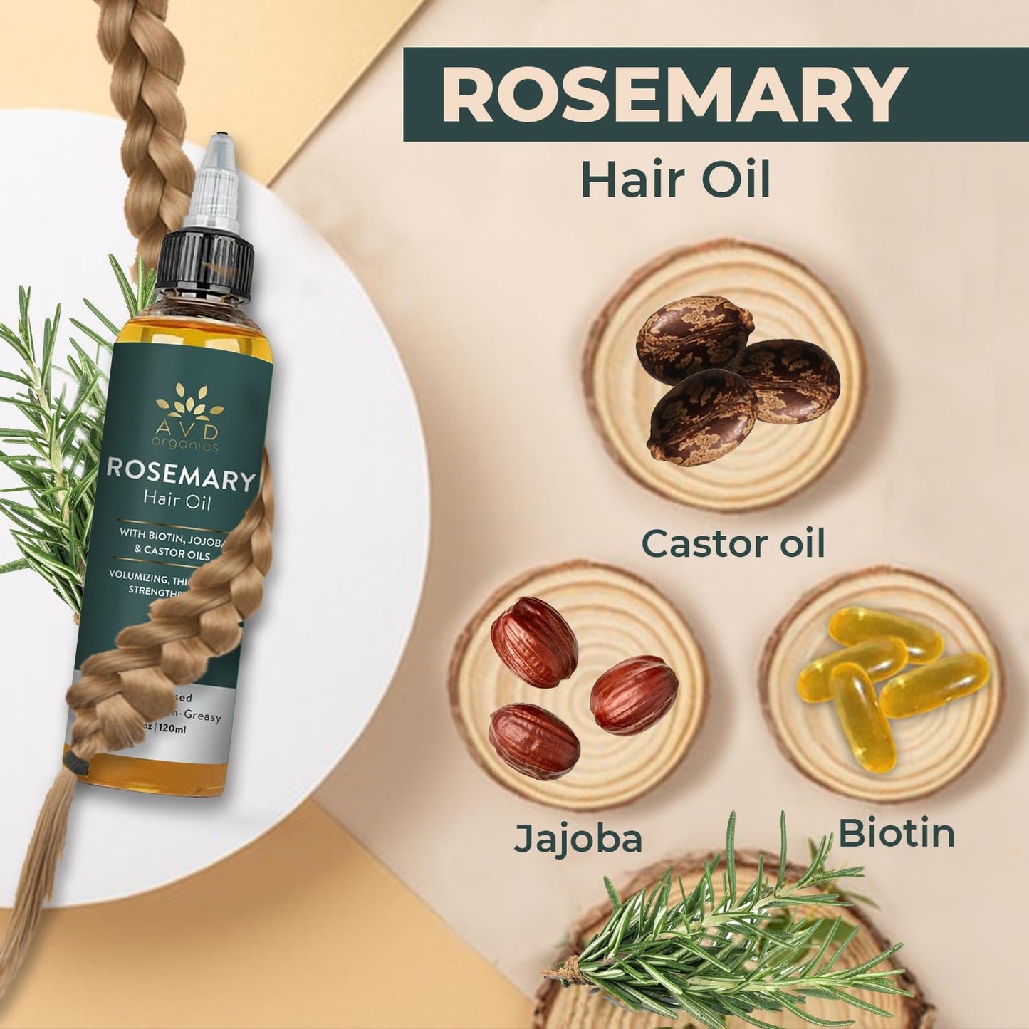 AVD Organics Rosemary Oil for Hair Growth (4fl oz) Infused With Biotin, Jojoba & Castor Oil | Hair strengthening Treatment | Nourishing & Volumizing | Non GMO Verified 120ml