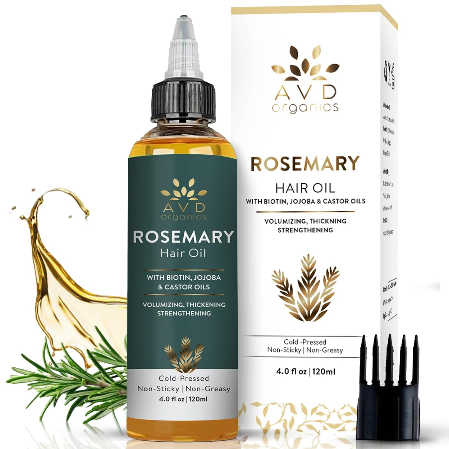 AVD Organics Rosemary Oil for Hair Growth (4fl oz) Infused With Biotin, Jojoba & Castor Oil | Hair strengthening Treatment | Nourishing & Volumizing | Non GMO Verified 120ml