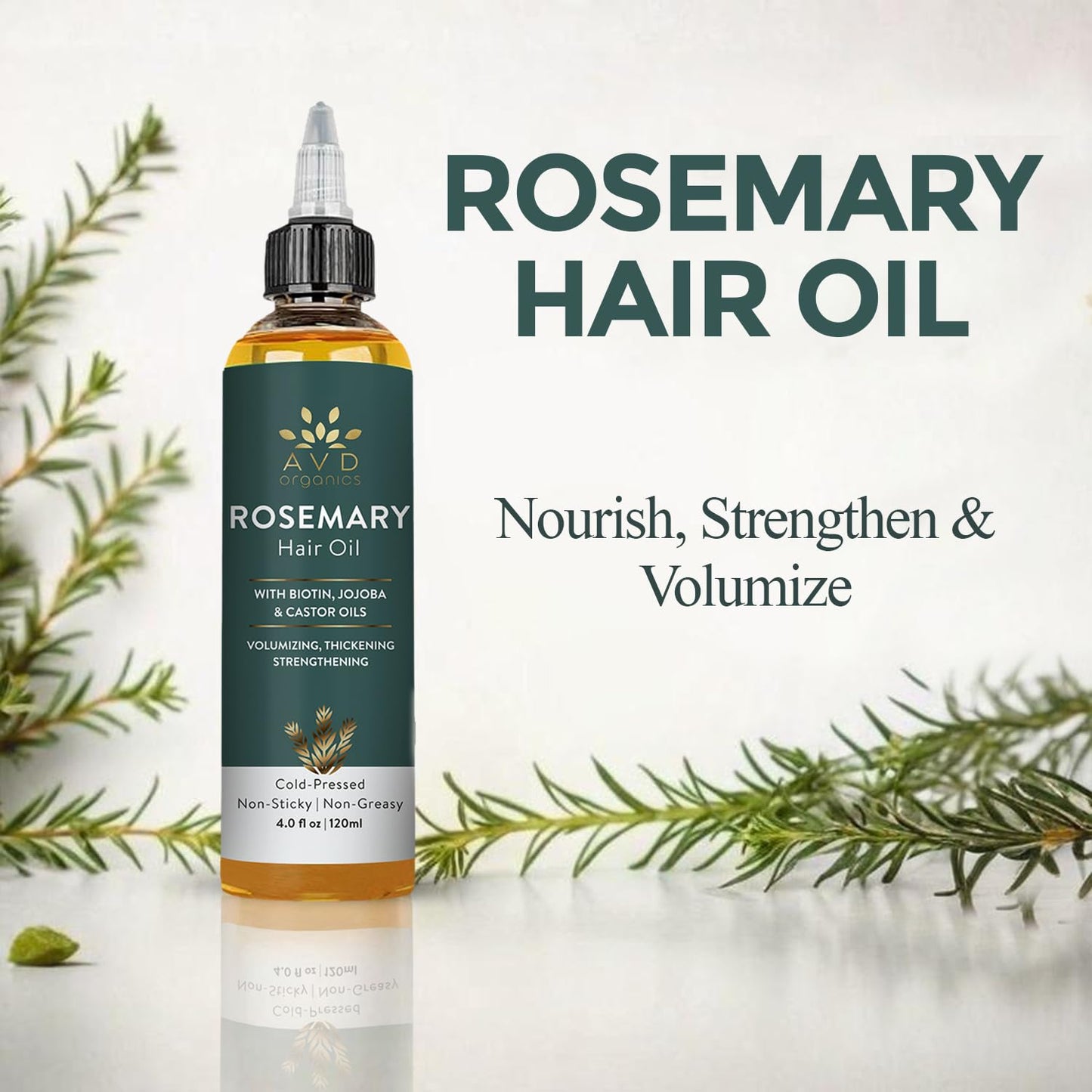 AVD Organics Rosemary Oil for Hair Growth (4fl oz) Infused With Biotin, Jojoba & Castor Oil | Hair strengthening Treatment | Nourishing & Volumizing | Non GMO Verified 120ml