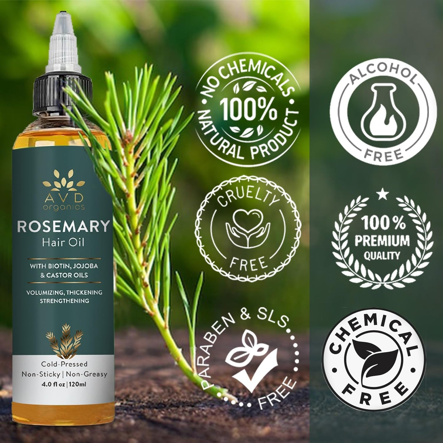 AVD Organics Rosemary Oil for Hair Growth (4fl oz) Infused With Biotin, Jojoba & Castor Oil | Hair strengthening Treatment | Nourishing & Volumizing | Non GMO Verified 120ml