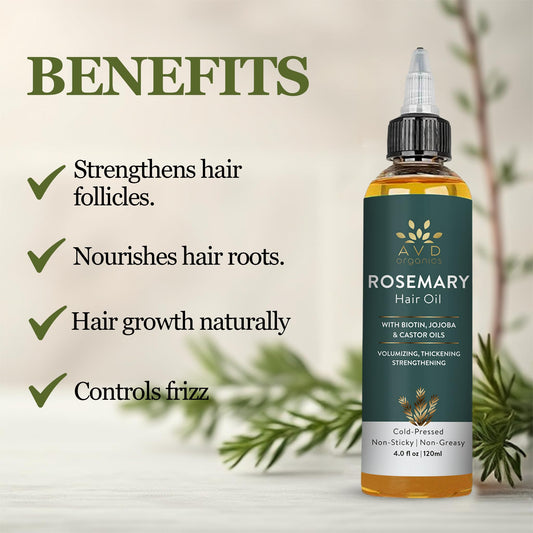 AVD Organics Rosemary Oil for Hair Growth (4fl oz) Infused With Biotin, Jojoba & Castor Oil | Hair strengthening Treatment | Nourishing & Volumizing | Non GMO Verified 120ml