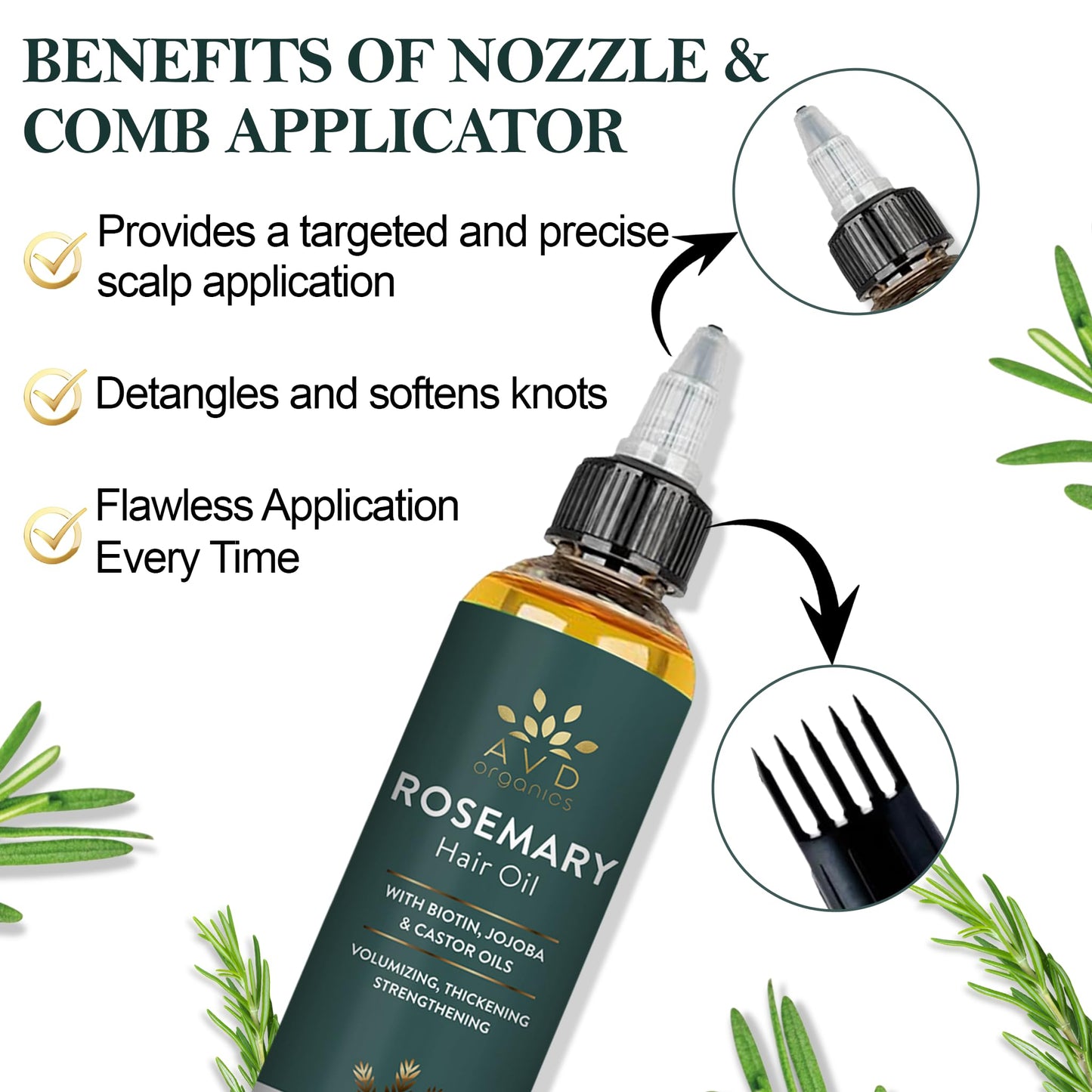 AVD Organics Rosemary Oil for Hair Growth (4fl oz) Infused With Biotin, Jojoba & Castor Oil | Hair strengthening Treatment | Nourishing & Volumizing | Non GMO Verified 120ml