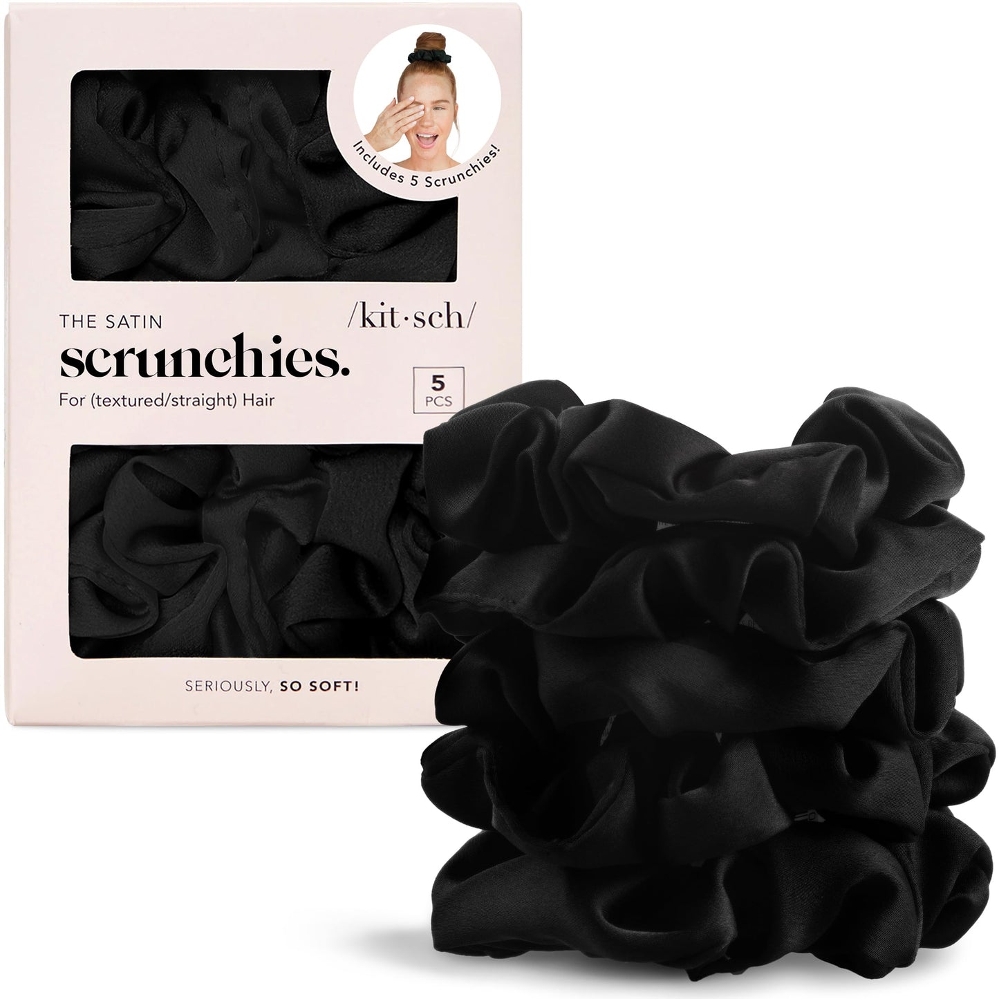 Kitsch Satin Hair Scrunchies for Women, Softer Than Silk Scrunchies for Hair, Satin Scrunchies for Girls, Satin Hair Ties for Women, Silk Hair Ties No Damage, Silk Ponytail Holders, 5 pcs (Black)