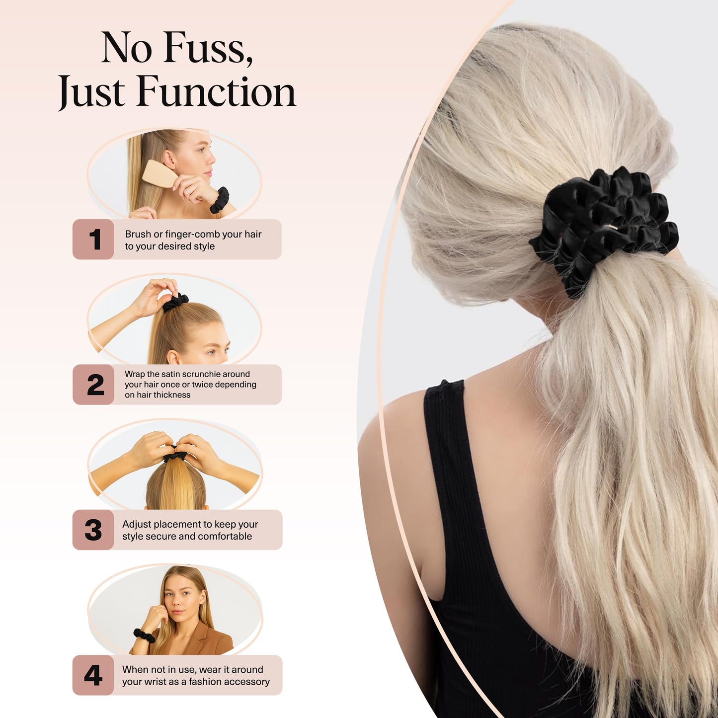 Kitsch Satin Hair Scrunchies for Women, Softer Than Silk Scrunchies for Hair, Satin Scrunchies for Girls, Satin Hair Ties for Women, Silk Hair Ties No Damage, Silk Ponytail Holders, 5 pcs (Black)